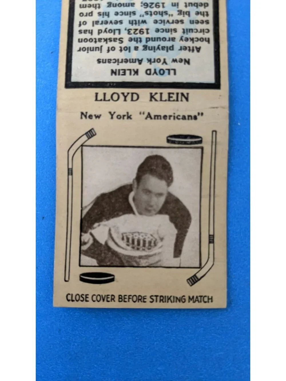 1930s Diamond Match hockey player matchbook Lloyd Klein New York Americans Card